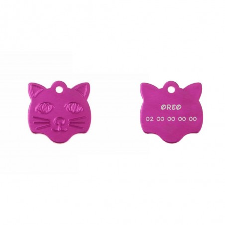 Pendant medal in the shape of a pink cat head, customizable on 1 to 2 lines (22 mm x 23 mm)