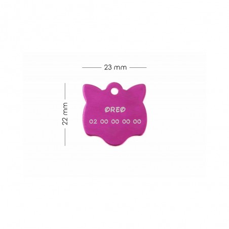 Pendant medal in the shape of a pink cat head, customizable on 1 to 2 lines (22 mm x 23 mm)