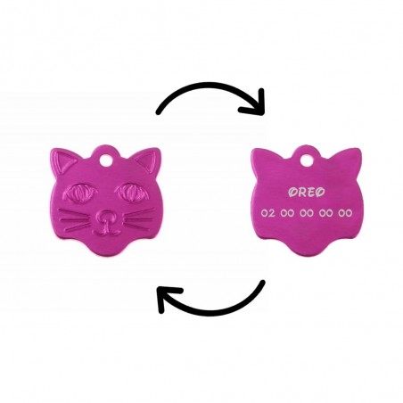 Pendant medal in the shape of a pink cat head, customizable on 1 to 2 lines (22 mm x 23 mm)