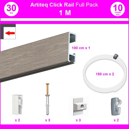 Pack Eco 1 mètre de cimaise Click Rail couleur Aluminium - Solution suspension cadres et tableaux