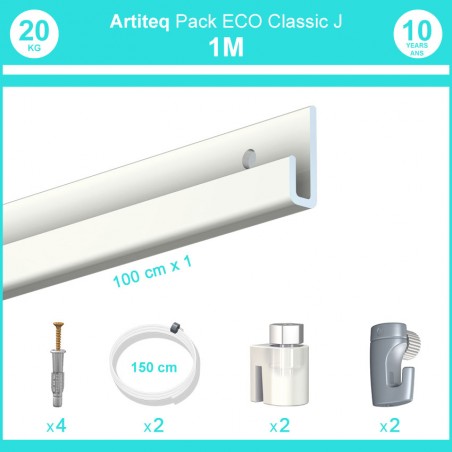 Pack complet 1 mètre cimaise Classic J couleur Blanc laqué - Suspension et déplacement facile de cadres et tableaux