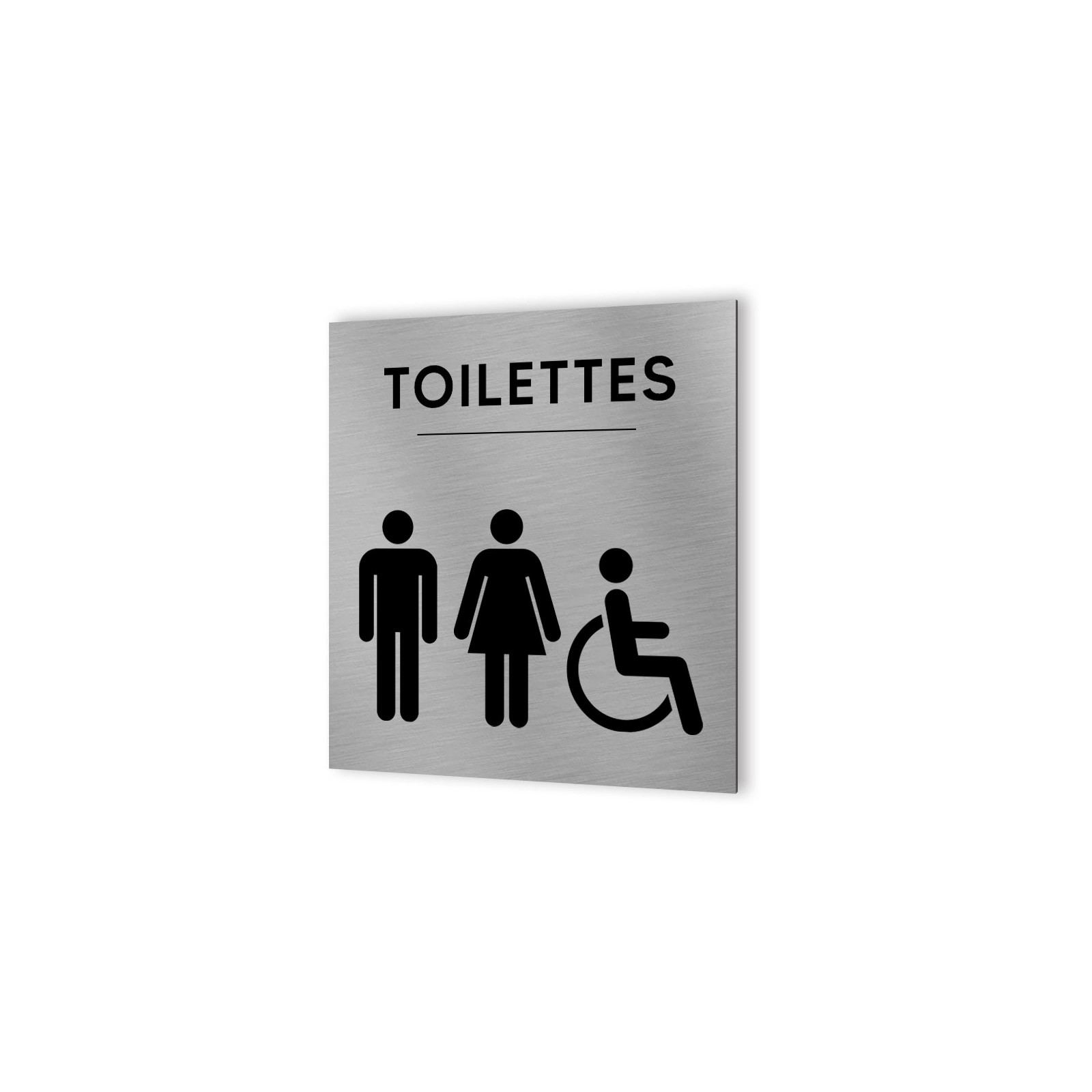 Pictogramme panneau signalétique format 20 cm x 20 cm en Dibond Aluminium brossé - Modèle Toilettes icones trio