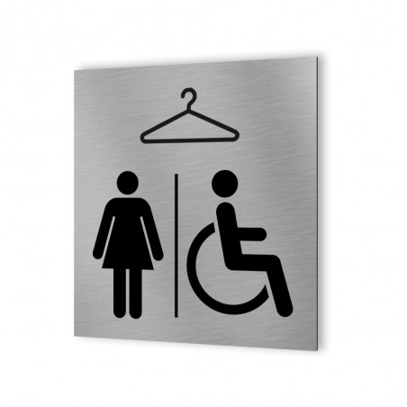 Pictogramme panneau signalétique format 20 cm x 20 cm en Dibond Aluminium brossé - Modèle Vestiaire Femmes / PMR