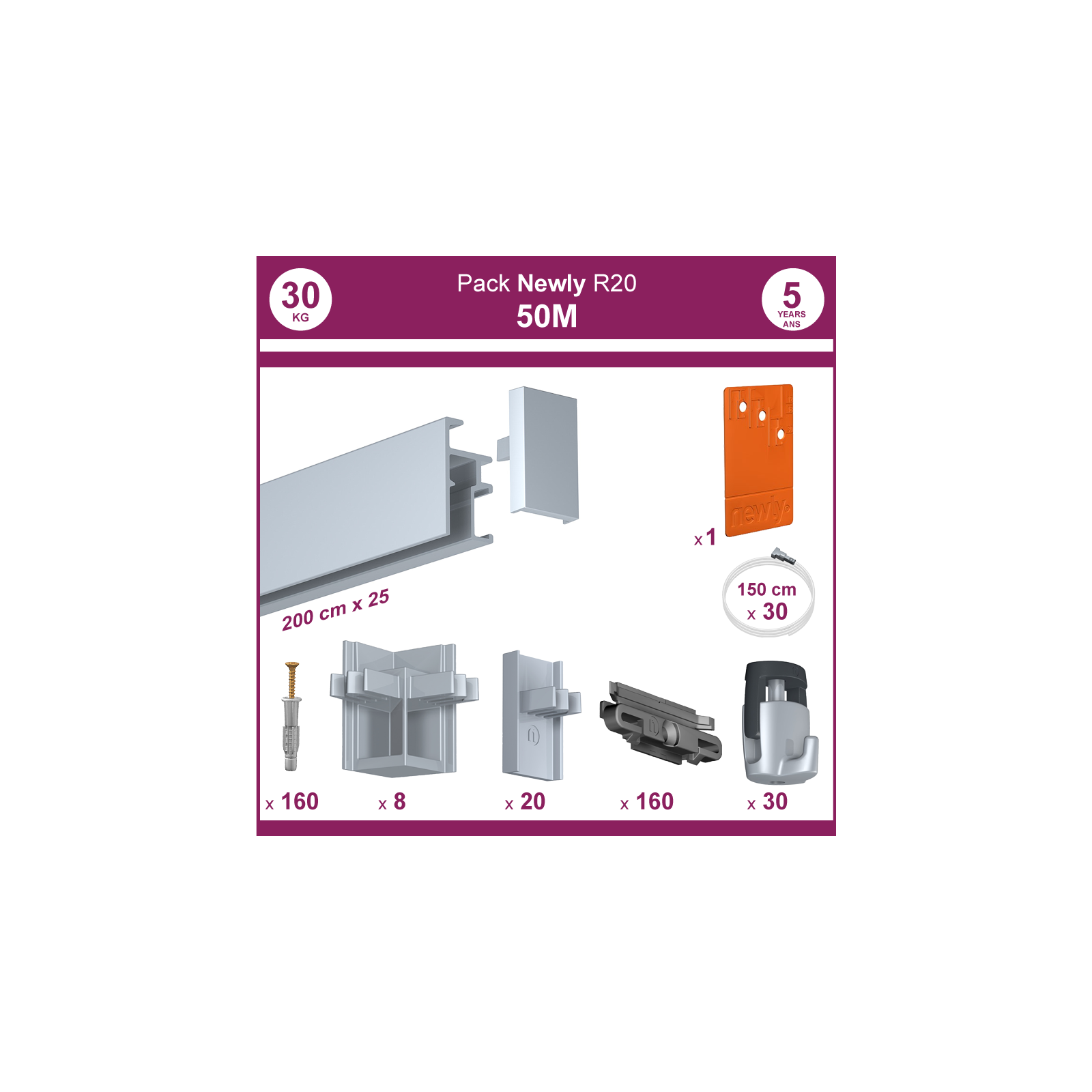 50 mètres Aluminium anodisé : Pack complet cimaise Newly R20