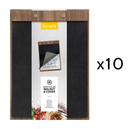 Lot de 10 porte-menu Clipboard format A4 en bois de noyer et simili cuir - Présentation menu restaurant