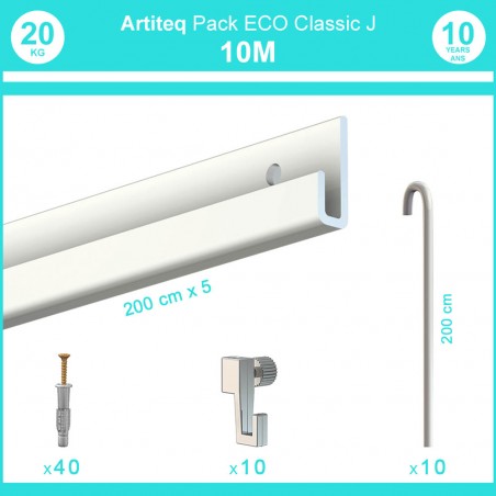 Pack complet 10 mètres cimaise Classic J avec tiges couleur Blanc laqué - Accrochage de cadres et tableaux avec tige