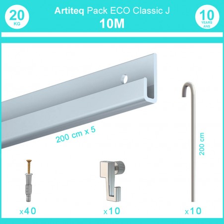 Pack complet 10 mètres cimaise Classic J avec tiges couleur Aluminium - Accrochage de cadres et tableaux avec tige