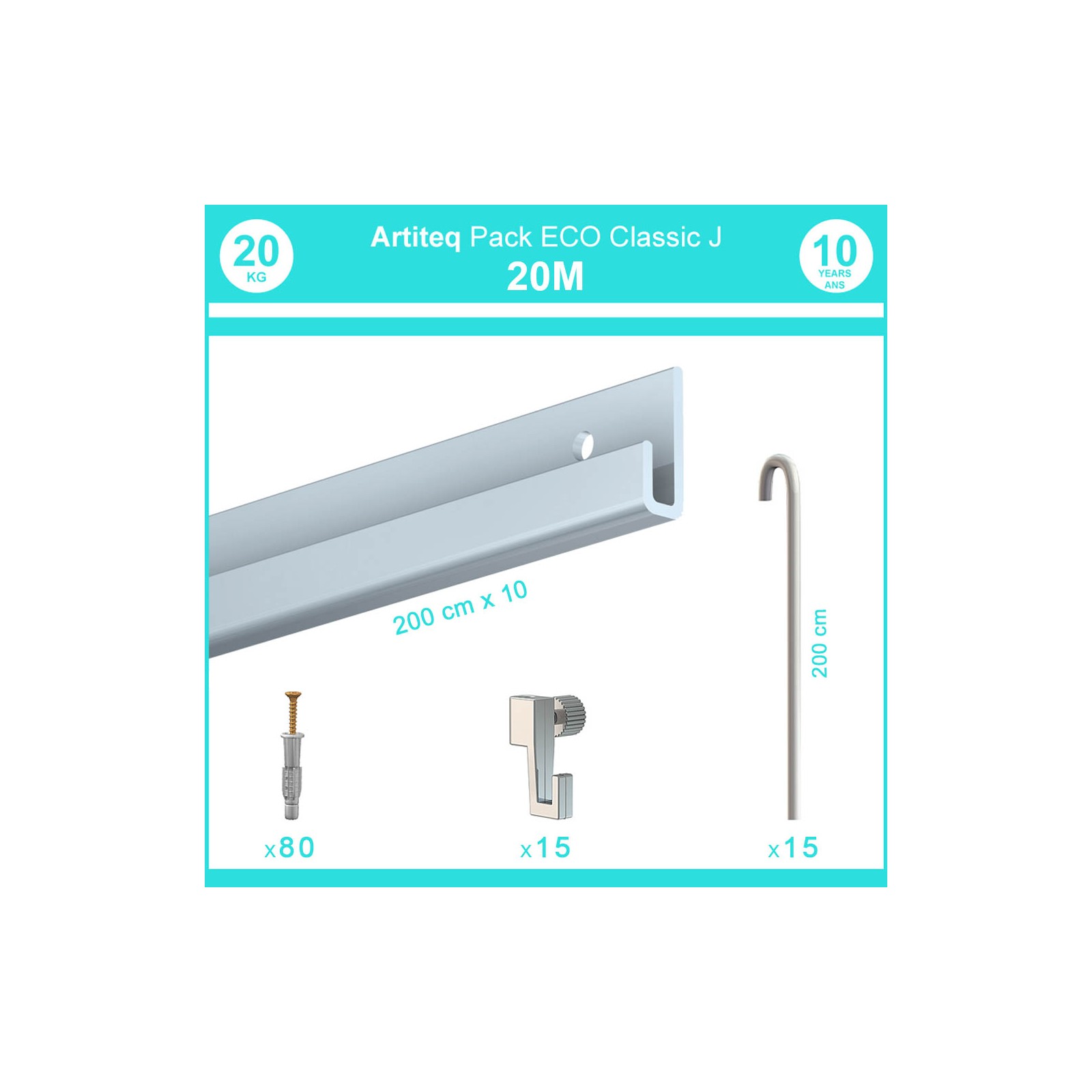 Pack complet 20 mètres cimaise Classic J avec tiges couleur Aluminium - Accrochage de cadres et tableaux avec tige