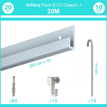 Pack complet 20 mètres cimaise Classic J avec tiges couleur Aluminium - Accrochage de cadres et tableaux avec tige