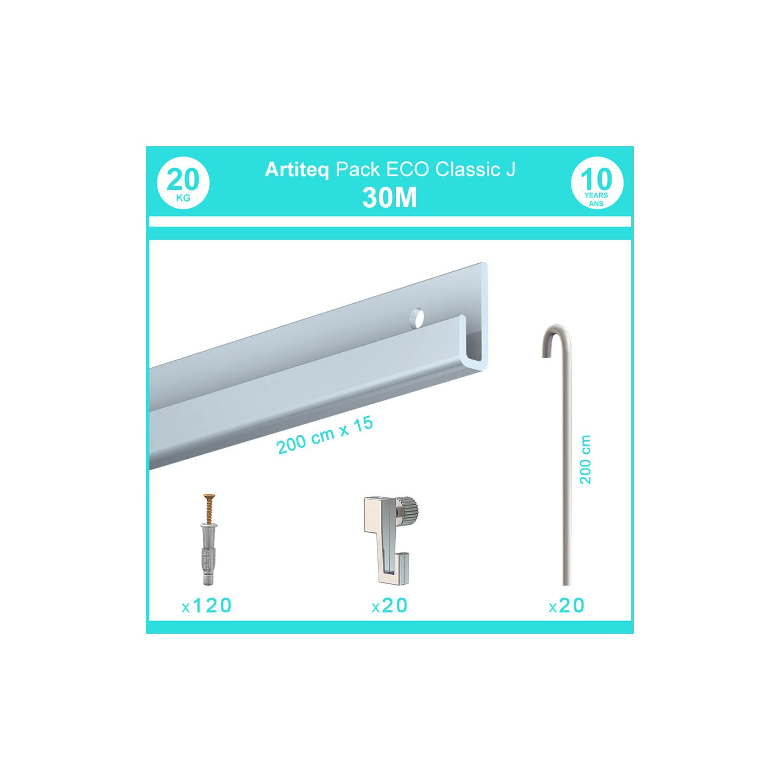 Pack complet 30 mètres cimaise Classic J avec tiges couleur Aluminium - Accrochage de cadres et tableaux avec tige