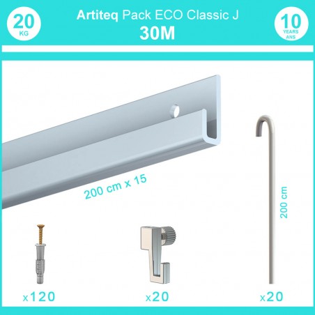 Pack complet 30 mètres cimaise Classic J avec tiges couleur Aluminium - Accrochage de cadres et tableaux avec tige