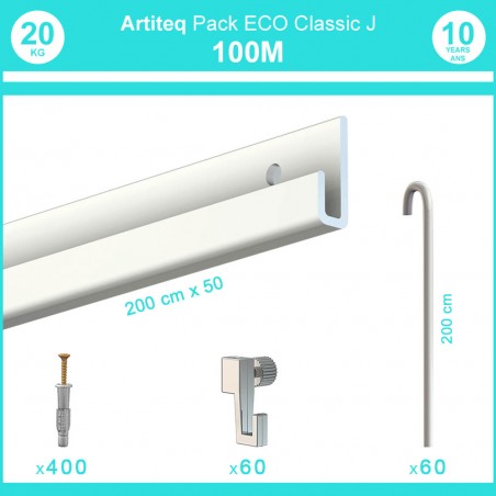 Pack complet 100 mètres cimaise Classic J avec tiges couleur Blanc laqué - Accrochage de cadres et tableaux avec tige