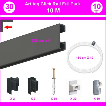 Pack Eco 10 mètres de cimaise Click Rail couleur Noir - Solution suspension cadres et tableaux