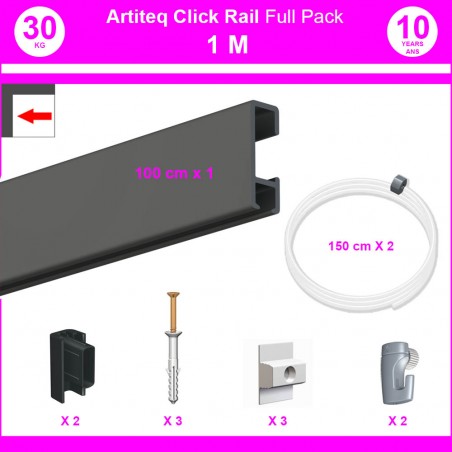 Pack Eco 1 mètre de cimaise Click Rail couleur Noir - Solution suspension cadres et tableaux