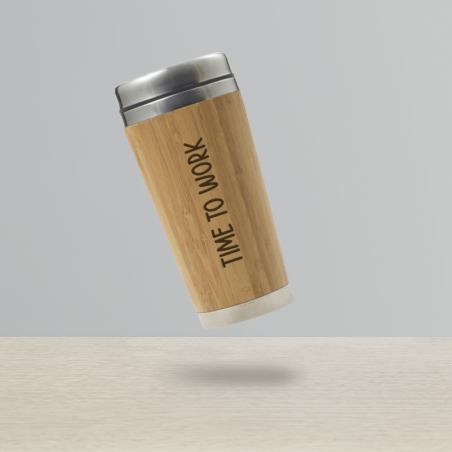 Personalized insulated mug 400mL bamboo and steel, double wall for hot and cold drinks